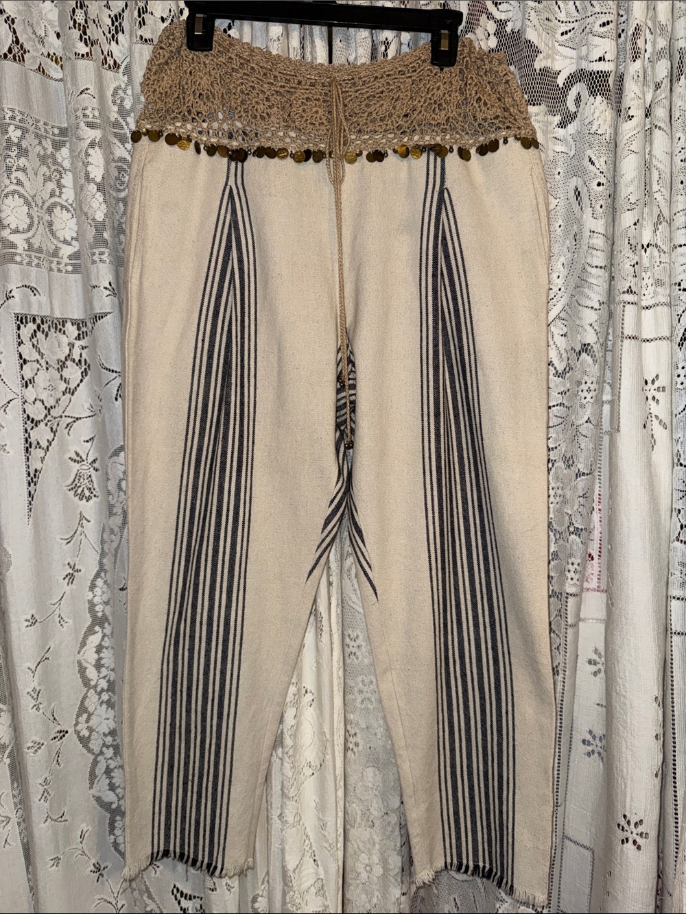Free People In Dreams Cropped Knit Pants with Brown Crochet Waist